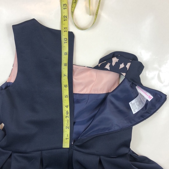 Bonnie Jean Dark Navy Blue Cutout Print Tie Front Pleated Formal Dress - Picture 10 of 13